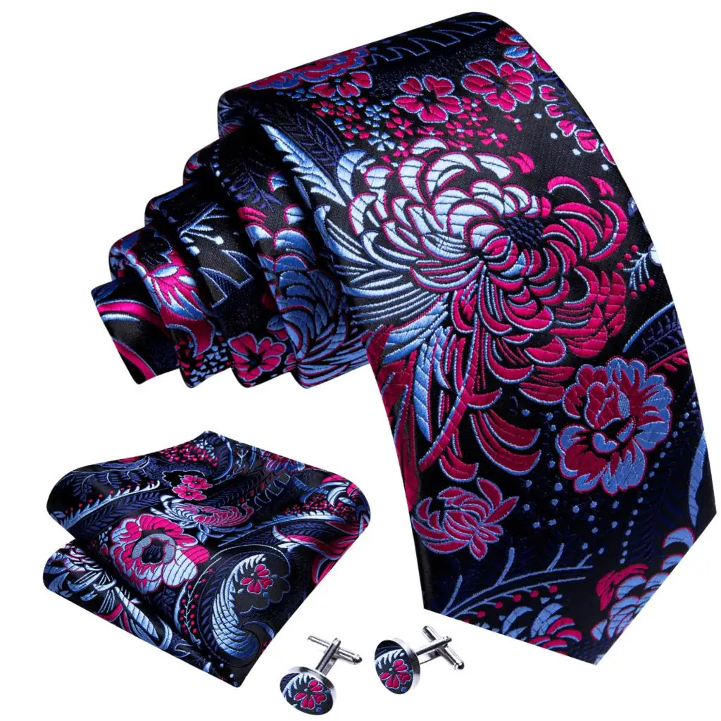 Élégant Multi Floral soie hommes cravate Hanky boutons de manchette ensemble Jacquard fleur cravate pour homme mariage affaires fête événement Barry.Wang