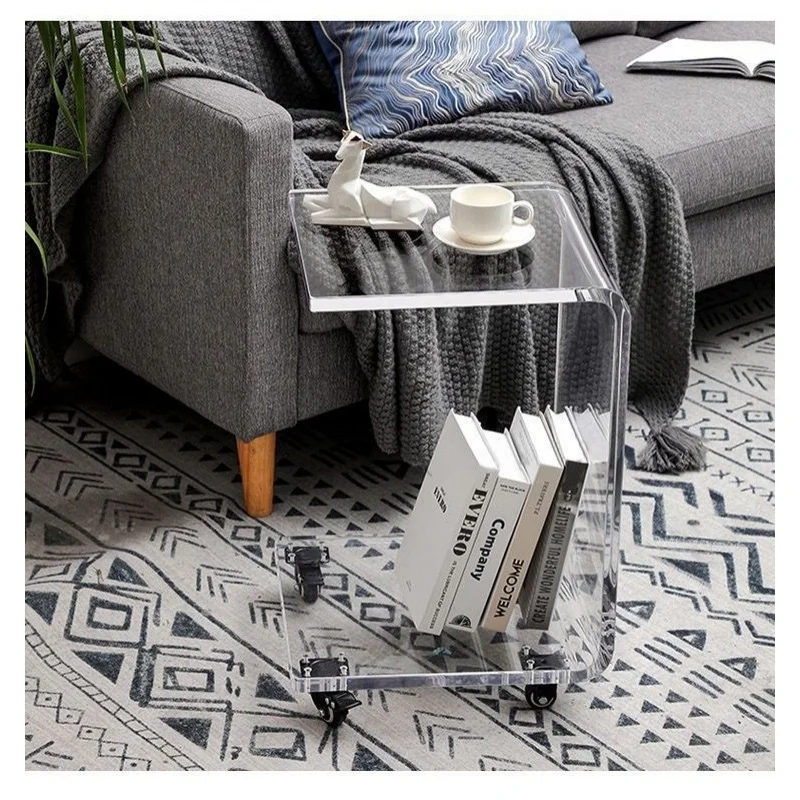Modern Lucite Movable C Shaped End Lucite Table,Acrylic Sofa Side Table, Snack Mini Table On Wheels,Clear Rolling Table Set