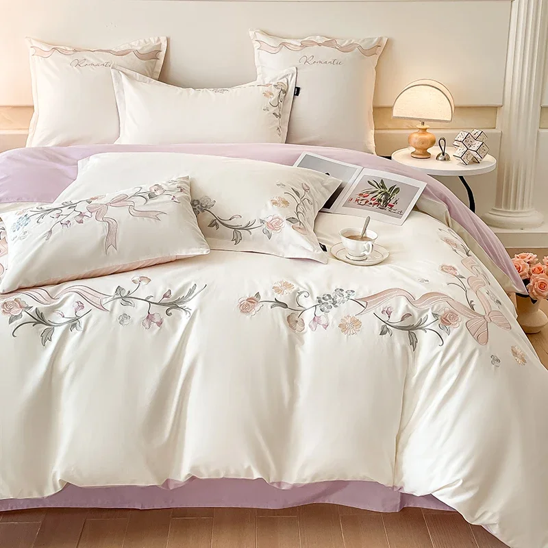 

4 pieces Luxury cotton bed linen Embroidered comforter bedding set couple duvet Quilt cover double sheets Pillow case