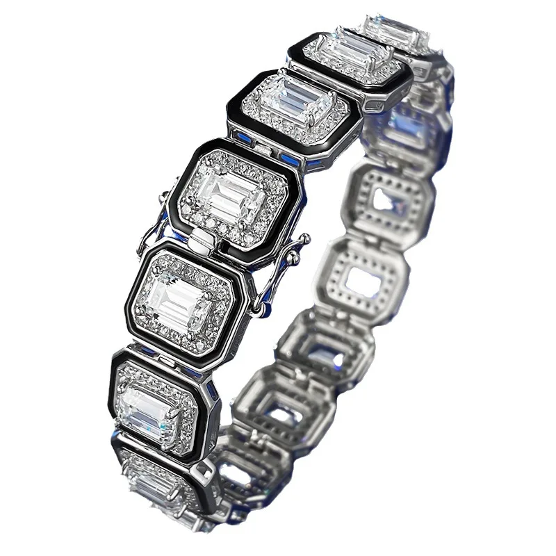 

2023 New S925 Silver Light Luxury Style Full Diamond Inlaid Emerald Cut Black Enamel Fashion Bracelet