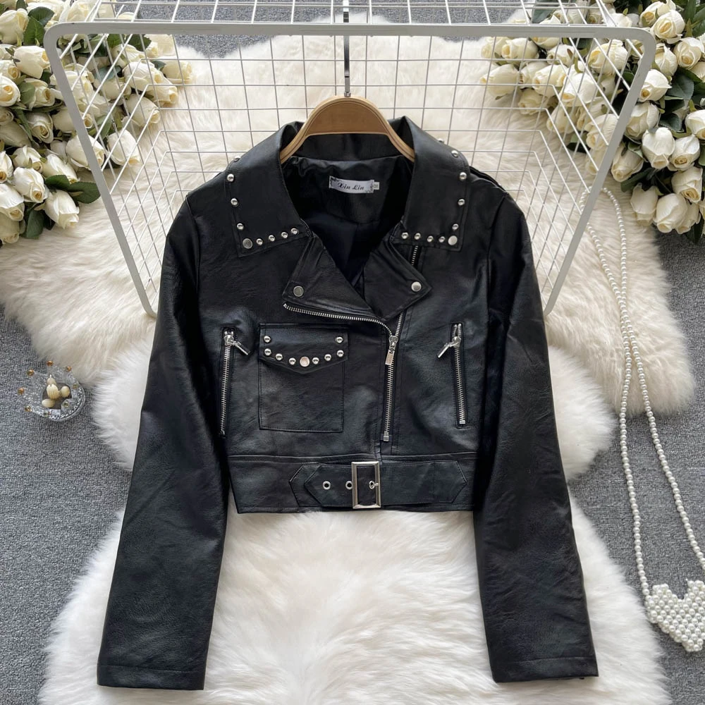 

Short Women's Coat Autumn Turn-down Collar Long-sleeved PU Leather Jacket