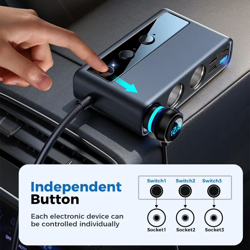 Car Charger Joyroom 154W 9 in 1 PD 3 Socket Cigarette Lighter Splitter Charge Independent Switches DC Cigarette Outlet