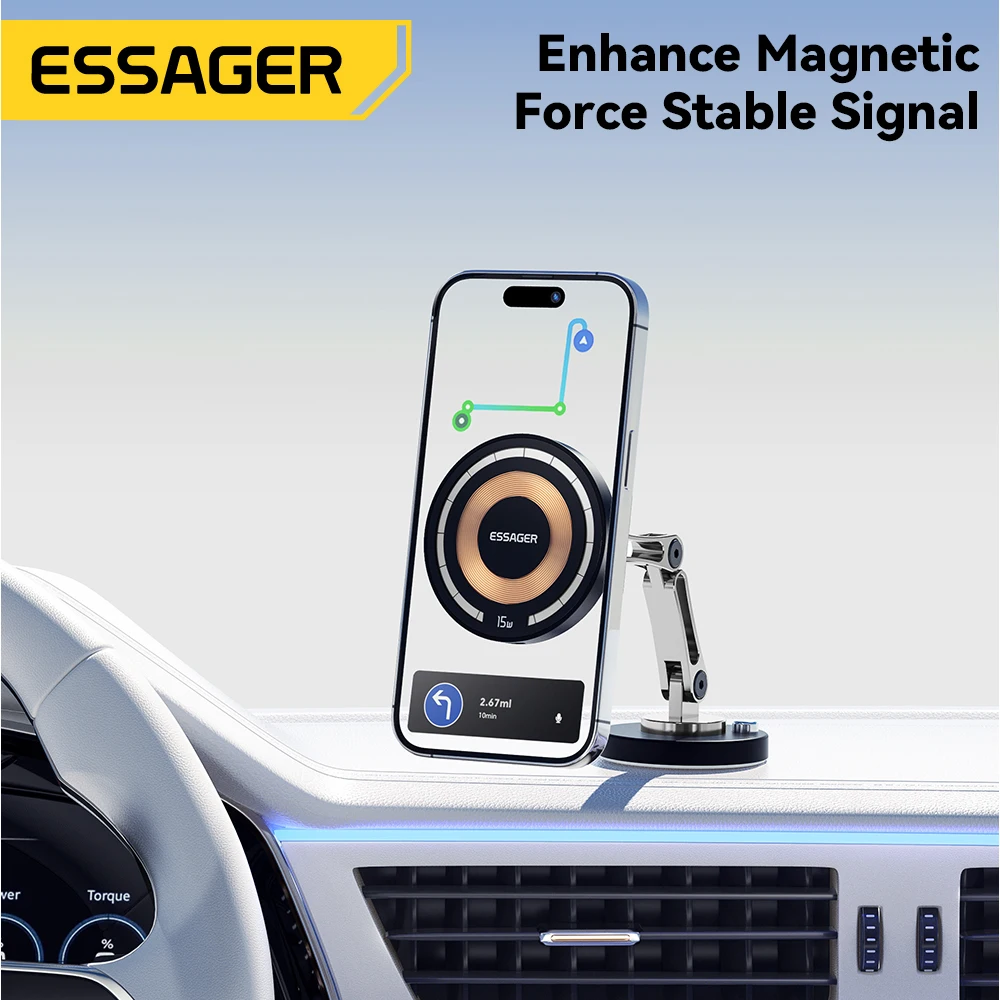Essager 15W 자기 무선 자동차 전화 홀더 텔레스코픽 360 학위 자동차 마운트 아이폰 15 14 삼성 유니버설 홀더 스탠드