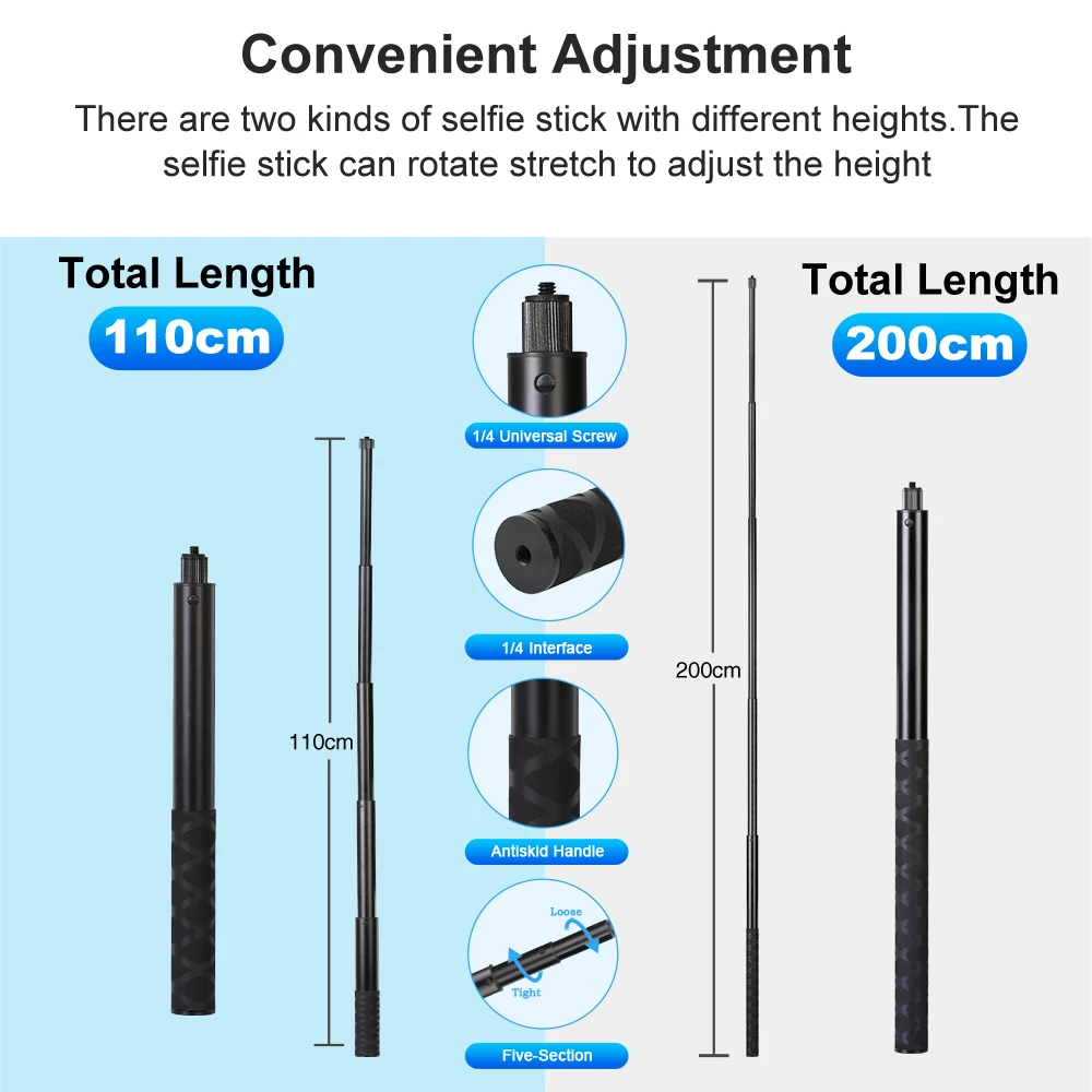 Carbon Fiber Invisible Extended Edition Selfie Stick for Insta360 X3 GO3 Action 4 Accessories for DJI GoPro 13 12 9