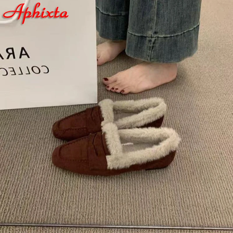 Aphixta Warm Furry Loafers Flat With Women Shoes Short Plush Slip On Sewing Leopard Pointed Toe Flats Autumn Winter