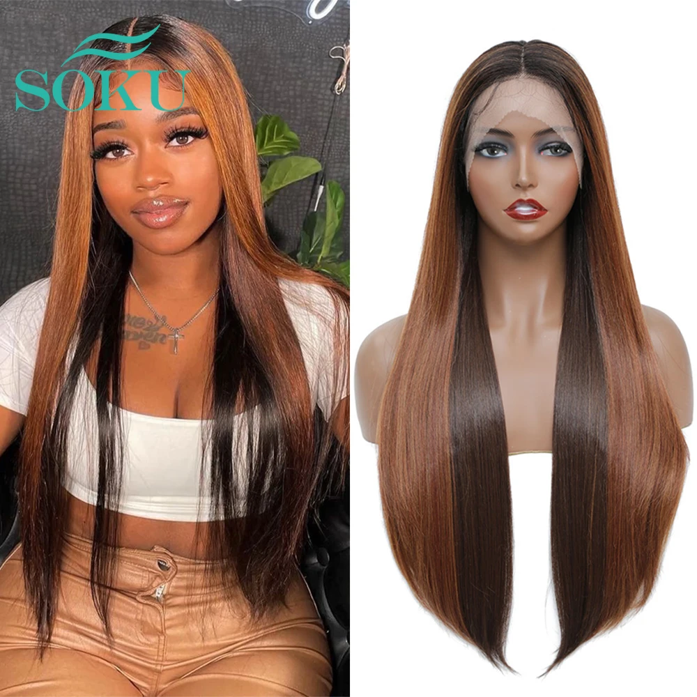 

SOKU Ombre Brown Synthetic Wig Lace Front Wig Middle Part With Baby Hair Soft Lace Wig Long Straight For Black Women Daily
