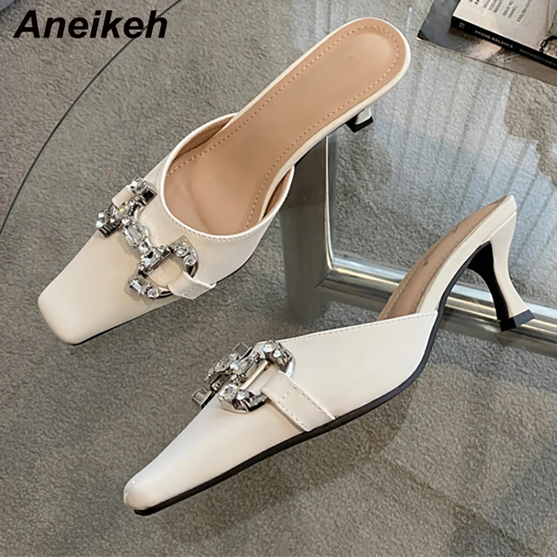 Aneikeh NEW Spring/Autumn Woman Shoes High Heels Metal Decoratio Bling Fashion Mules Pumps Square Toe Thin Heels Party Shallow