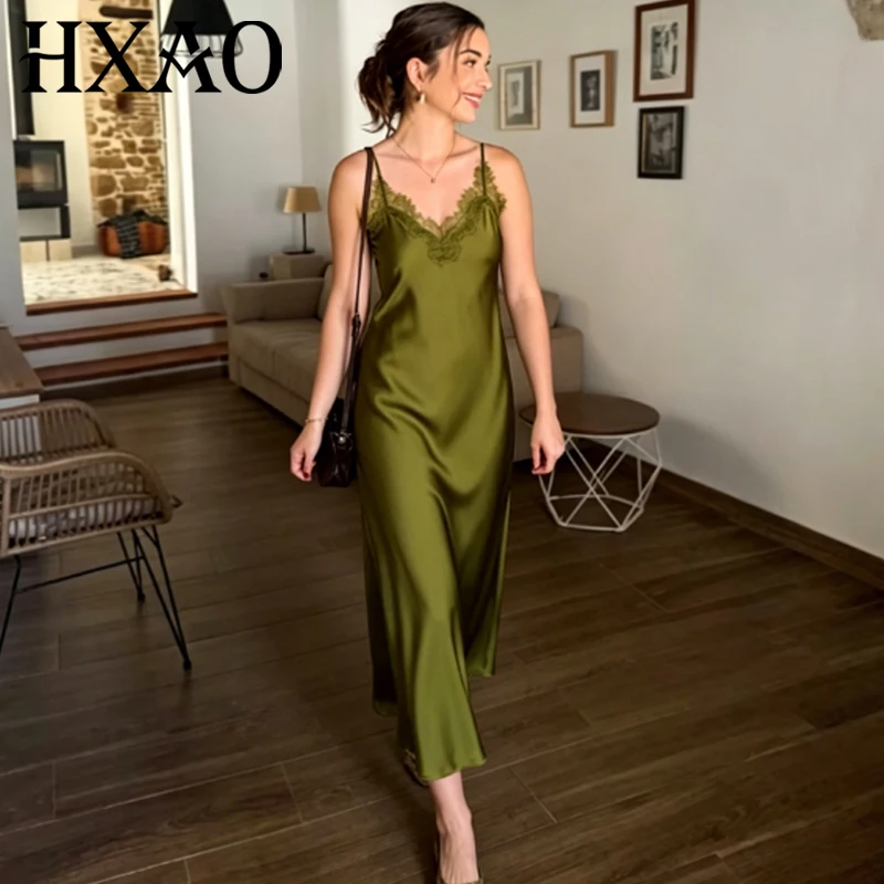 HXAO Satin Lace Slip Dress Women's Dress Summer 2026 Midi Sleeveless Dresses For Woman Backless Long Vestidos Chic Party Dresses