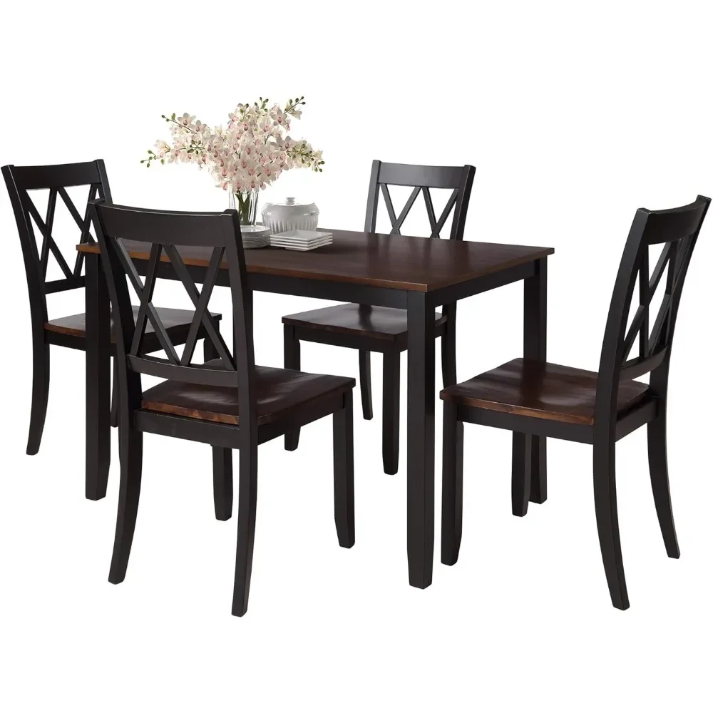 5-Piece Wooden Dining Room Set, Rectangular Wood Kitchen Table and 4 Chairs, Cherry+ Black