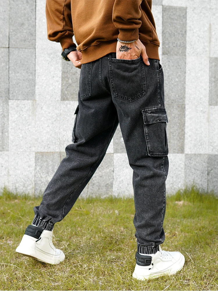 Men's dark gray cargo pants, fashionable street cuffed - bottom cargo pants, minimalist trendy men's jeans 2