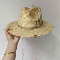 White straw hat pearl chain DIY flat top sun hat new Korean elastic ribbon hat beach hat candy color sun hat - Image 2