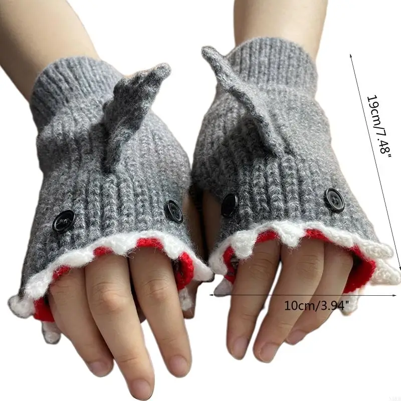 Knitted Gloves Winter Half Finger Mittens Stretchy Touchscreen Cartoon Shark Gloves for Kids Teens Christmas Presents