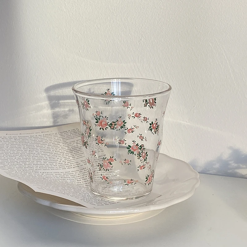 Glass Cup Rose Printed Milk Coffee Cups Household Couple Water Mug Teacup Heat Resistance Thicken Drinkware