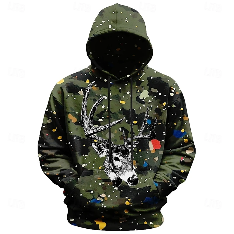New 3D printed men's hooded sweatshirt, hooded sweatshirt, vintage sweater, deer pattern, stylish, dense forest, streetwear 2