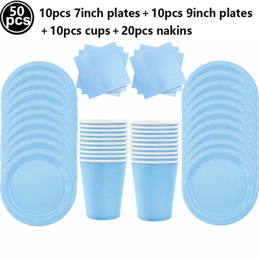 Light Blue Party Supplies Set: Disposable Plates, Cups, Tablecloth, Balloons & Foil Curtain for Baby Shower or Boy's Birthday Decor