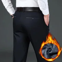 Winter Fleece Pants Men's New Thick Casual Flannel Business Straight Slim Navy Black Stretch Plush Trousers Male