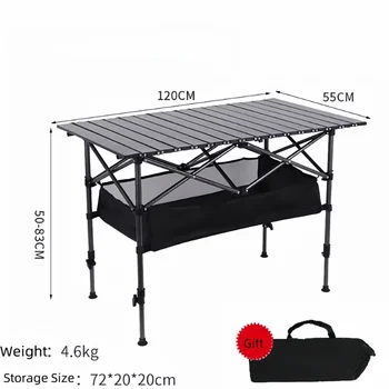 Tavolo da campeggio pieghevole regolabile in altezza con borsa portaoggetti in rete/borsa per il trasporto, tavolo arrotolabile portatile per feste, barbecue in giardino