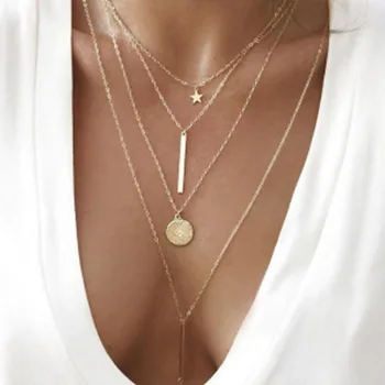 Fashion Star Circular Disc Little Stick Pendant Necklace For Women Metal Jewelry 2025 Trending New Women's 4-layer Necklaces