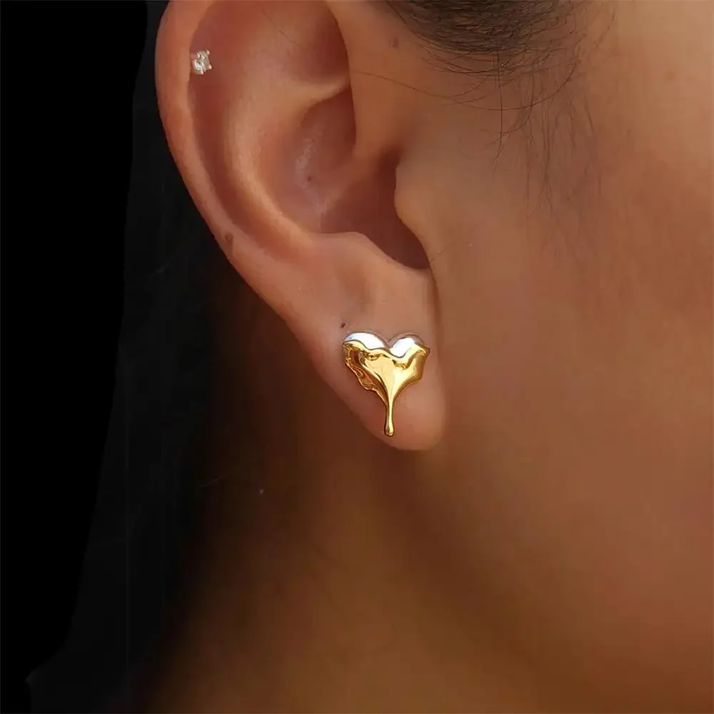 Polished Lava Textured Heart Dripping Droplet Mini Ear Studs Quality Gold Plated Geometric Non Tarnish Earrings Chic Jewelry New