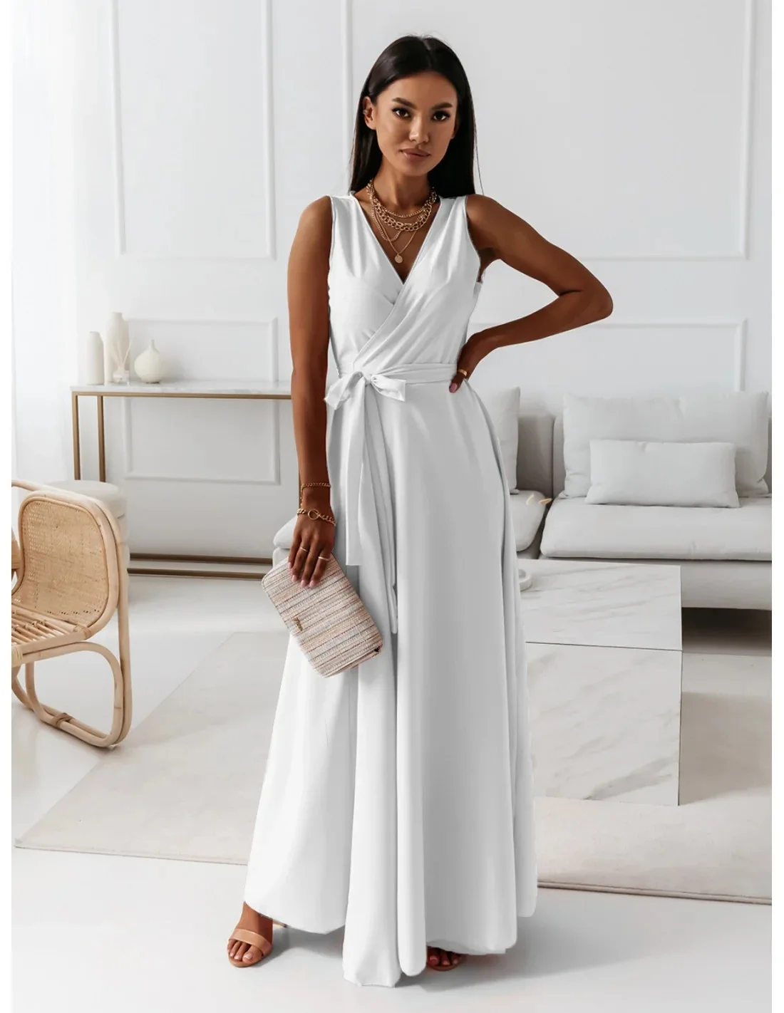 2025 Dresses For Women White Sleeveless Sexy Loose V Neck Solid Color Long Dresses Elegant Party Evening Robe Vestidos