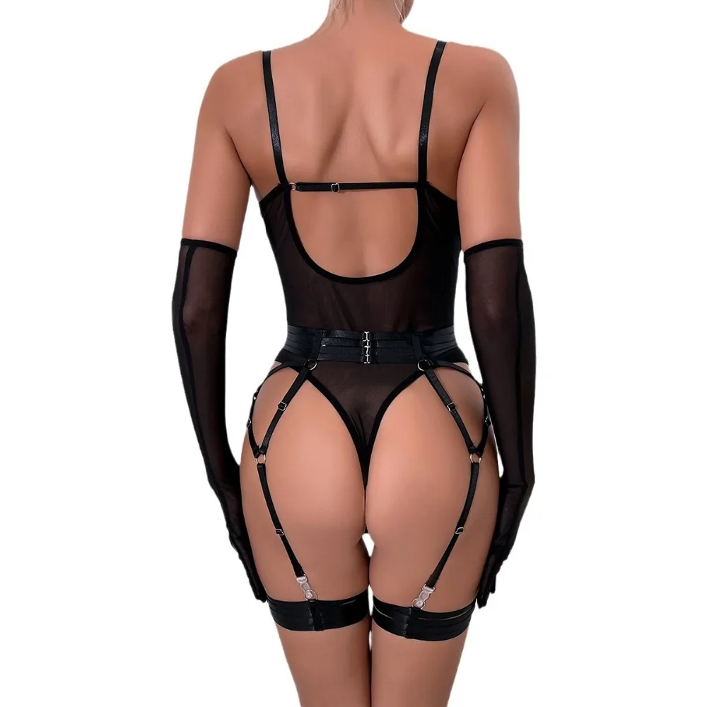 Women Lingerie Underwear Straps and Spliced ​​slim Fit Three-piece Set with Gloves Cos Anime Cos Lingerie Pornos Suit Latex