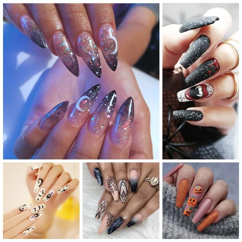 

24Piece/ Set Shiny Frosted Halloween Fake Nail Pumpkin Moon Spider Detachable Long Nail Festive Party Wear Matching Accessories