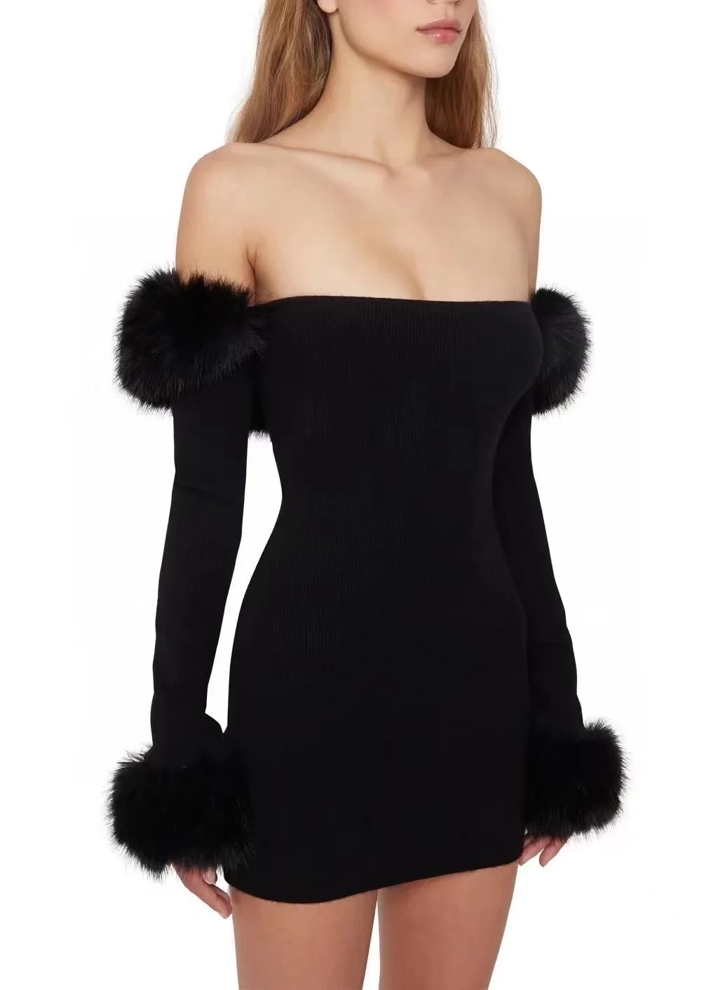 

Women's Slash Neck Detachable Faux Hair Knitted Bodycon Mini Dress