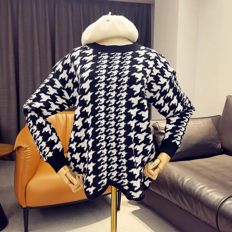 new-women's-clothing-2021-autumn-winter-thousand-bird-check-wavy-long-sleeve-knit-shirt-cardigan-sweater-top-pull-femme-blouse