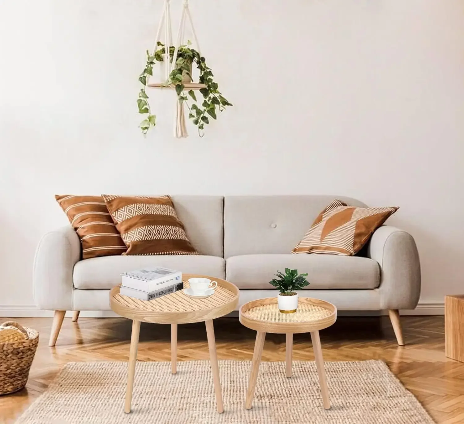 Round Coffee Table Set of 2, Natural Boho Coffee Table, Small Mid Century Modern Rattan Coffee Table, Boho Side Table End Tables 6