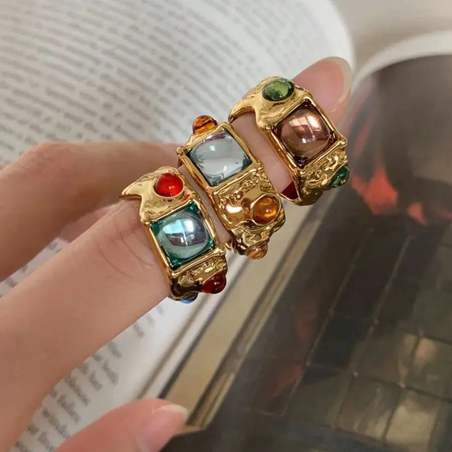 Chic Colorful Crystal Ring For Women Vintage Baroque Premium Gold Color Multicolor Stone Metal Irregular Ring Unique Gift gold color rings gold color ring finger ring