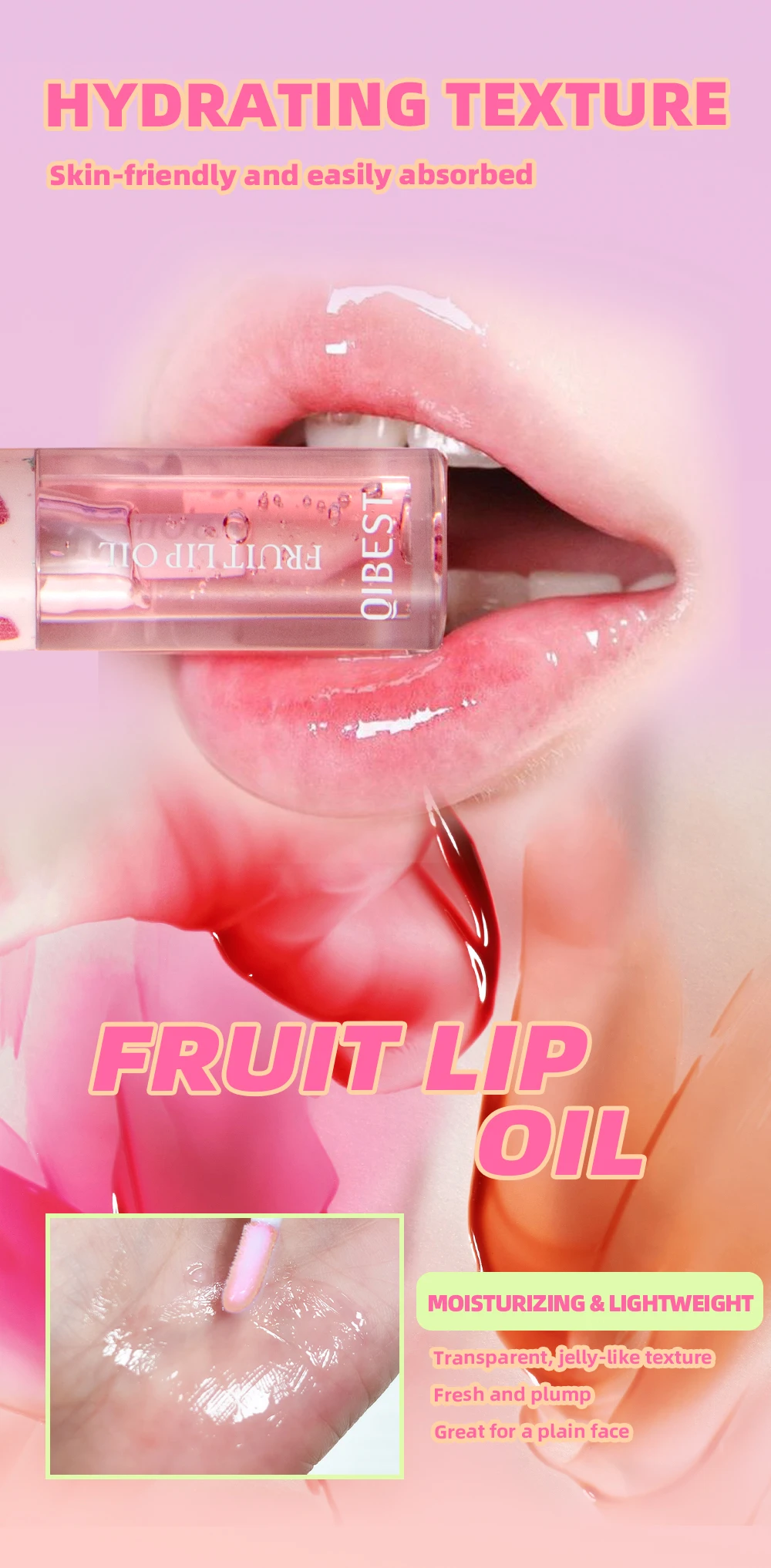 Description Picture 5 of itemQIBEST Lip Oil Gloss Plumping Lasting Moisturizing Makeup Fruit Transparent Lip Balm Oil Water Glossy Women Lips Care Cosmetics