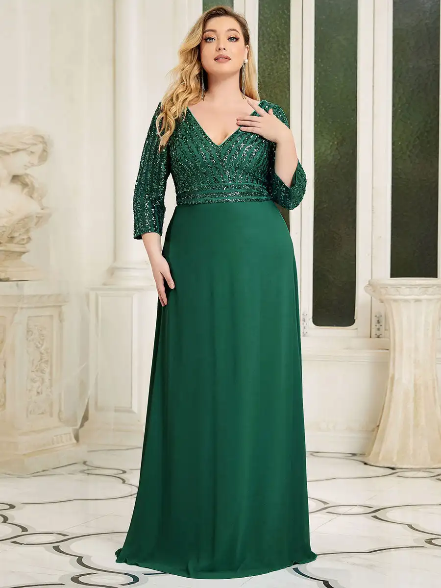 Plus Size Prom Dresses Long Sexy V Neck A-Line Sequin With 3/4 Sleeve 2025  ever pretty of Dark Green Bridesmaid dress Women - AliExpress