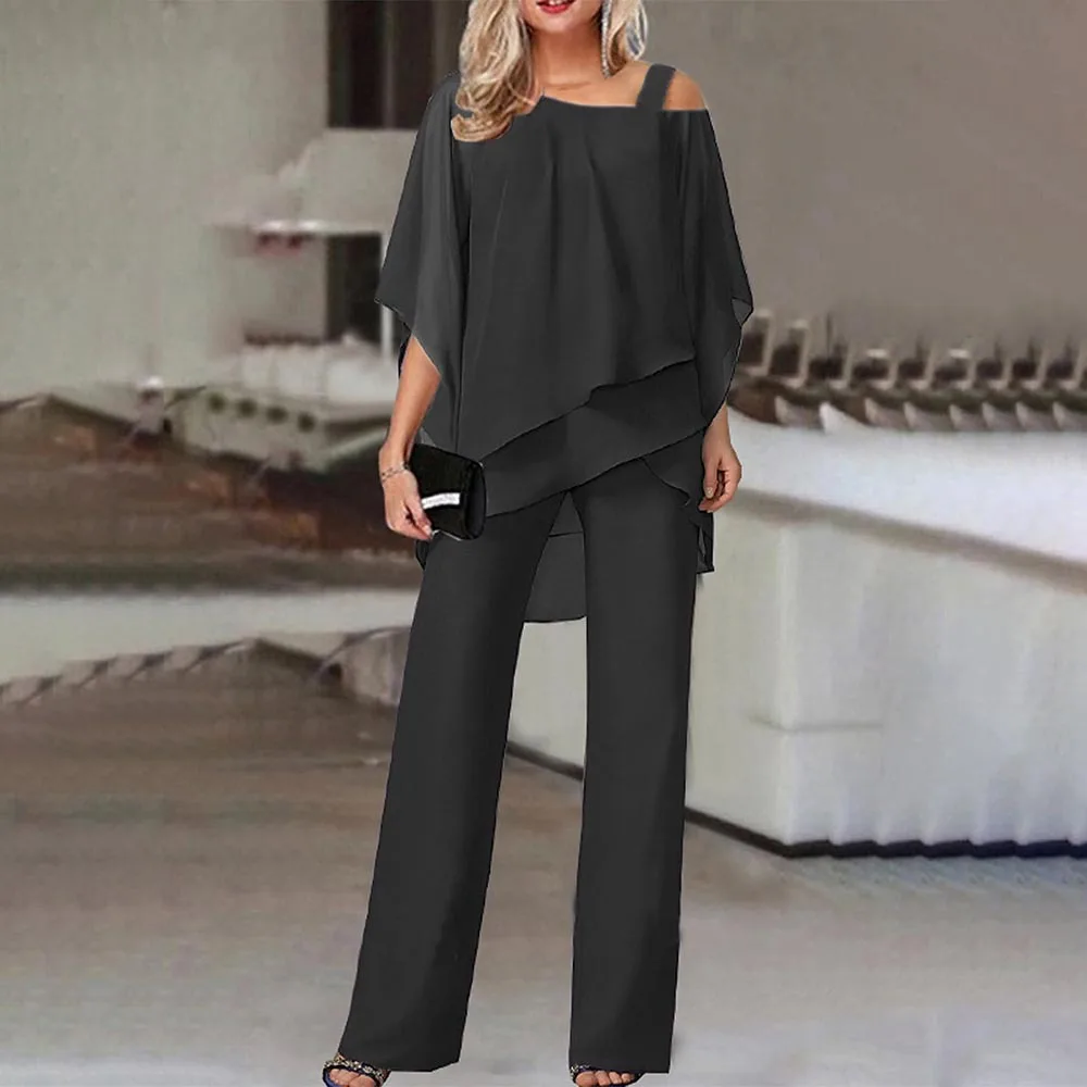 Women Two Piece Off Shoulder Blouse and Wide Leg Pants Set