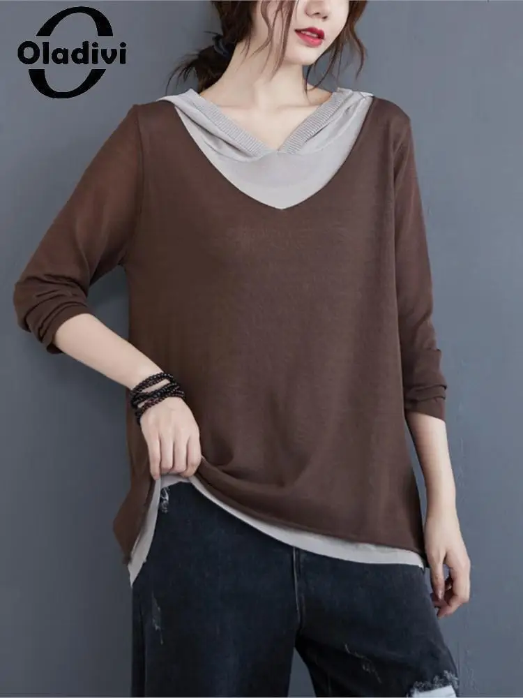 

Блузка Oladivi женская трикотажная из искусственного двух частей, 5 цветов, весна-осень 2022, Повседневная Свободная рубашка с капюшоном, туника 6226 л, XL, XXL, 3XL