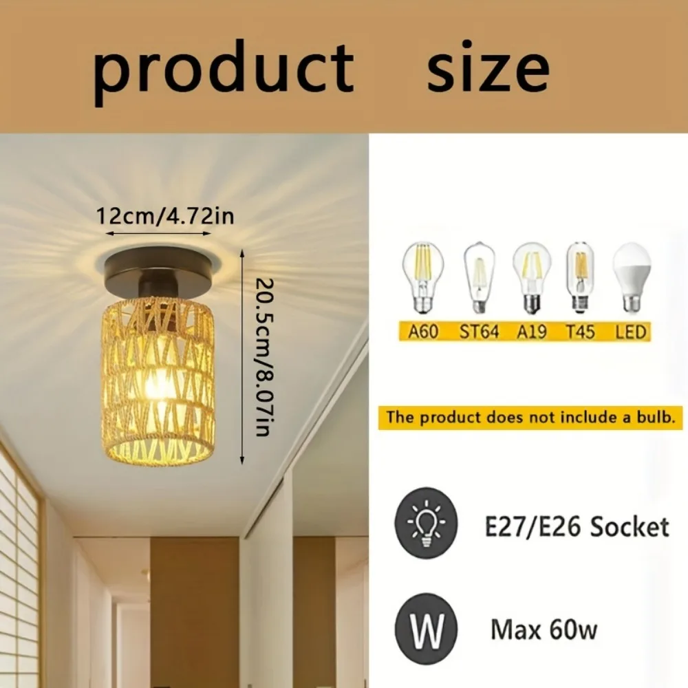 Charming Hand-Woven Iron Cylinder Ceiling Light - Rustic Style, Warm Ambient Glow, Perfect for Hallways, Living Rooms Hotels