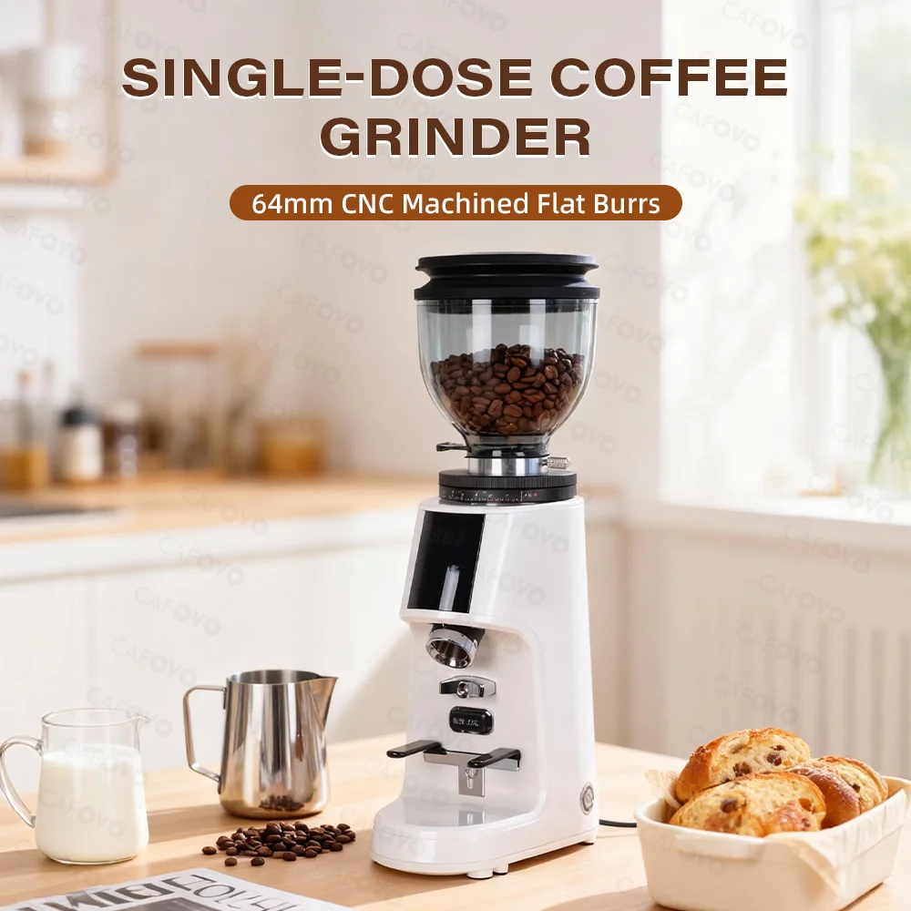 CAFOVO G764F Coffee Burr Grinder 64mm Flat Burr Coffee Grinder 100-Step Adjustment Time Quantification MIller for Home Barista