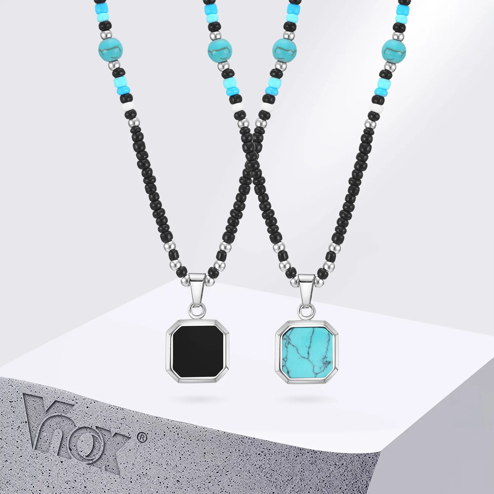 Vnox Boho Halsketten für Frauen Männer, geometrischer quadratischer Naturstein anhänger, verstellbare blaue Perlenkette, ethnischer Stammes kragen