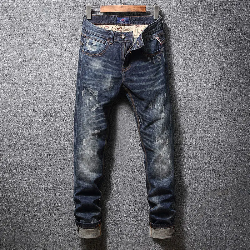 New Fashion Men's Jeans High Quality Vintage Wash Blue Elastic Slim Fit Split Jeans Men's Designer Vintage Denim Pants Hombre