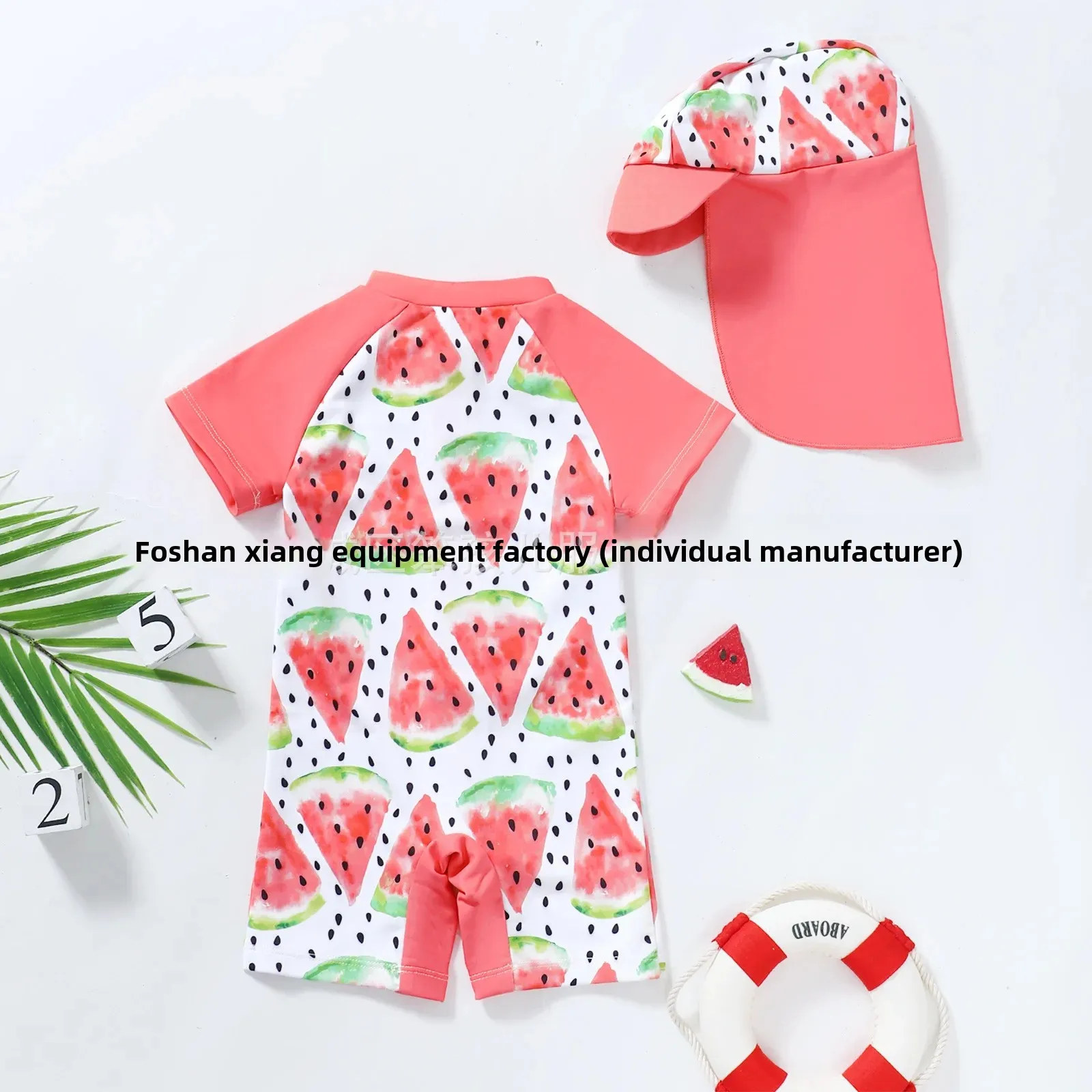 Baby Boy Summer Romper Zipper Short Sleeve Swimming Suit Hat Two Piece Set Infant Toddler Sporty Style Footless Crawling Suit