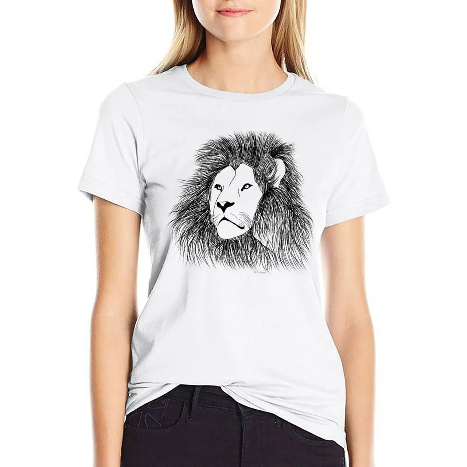 

Black And White Charcoal Animal Drawing Of A Male African Lion T-shirt summer tops korean fashion graphic t-shirts for Women