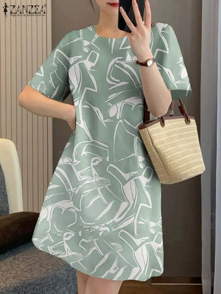 

ZANZEA Casual Women Short Sleeve Vestidos 2024 Summer Round Neck Bohemian Sundress Printed Short Robes Fashion Loose Mini Dress