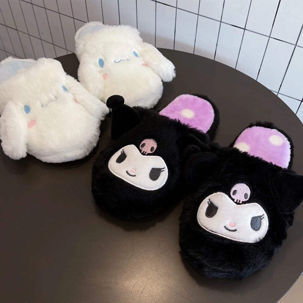 Flat Slippers Kuromi My Melody Sanrio Cartoon Plush Floor Warm Winter Indoor Non-slip Girl Home