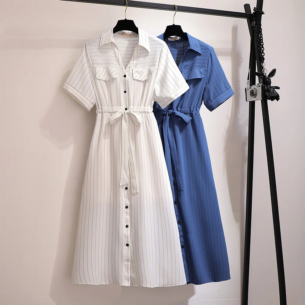 

Женское Элегантное однобортное платье-рубашка большого размера 2XL-6XL, платье с коротким рукавом для выпускного вечера, платье в строчную полоску, женское летнее платье, бесплатная доставка
