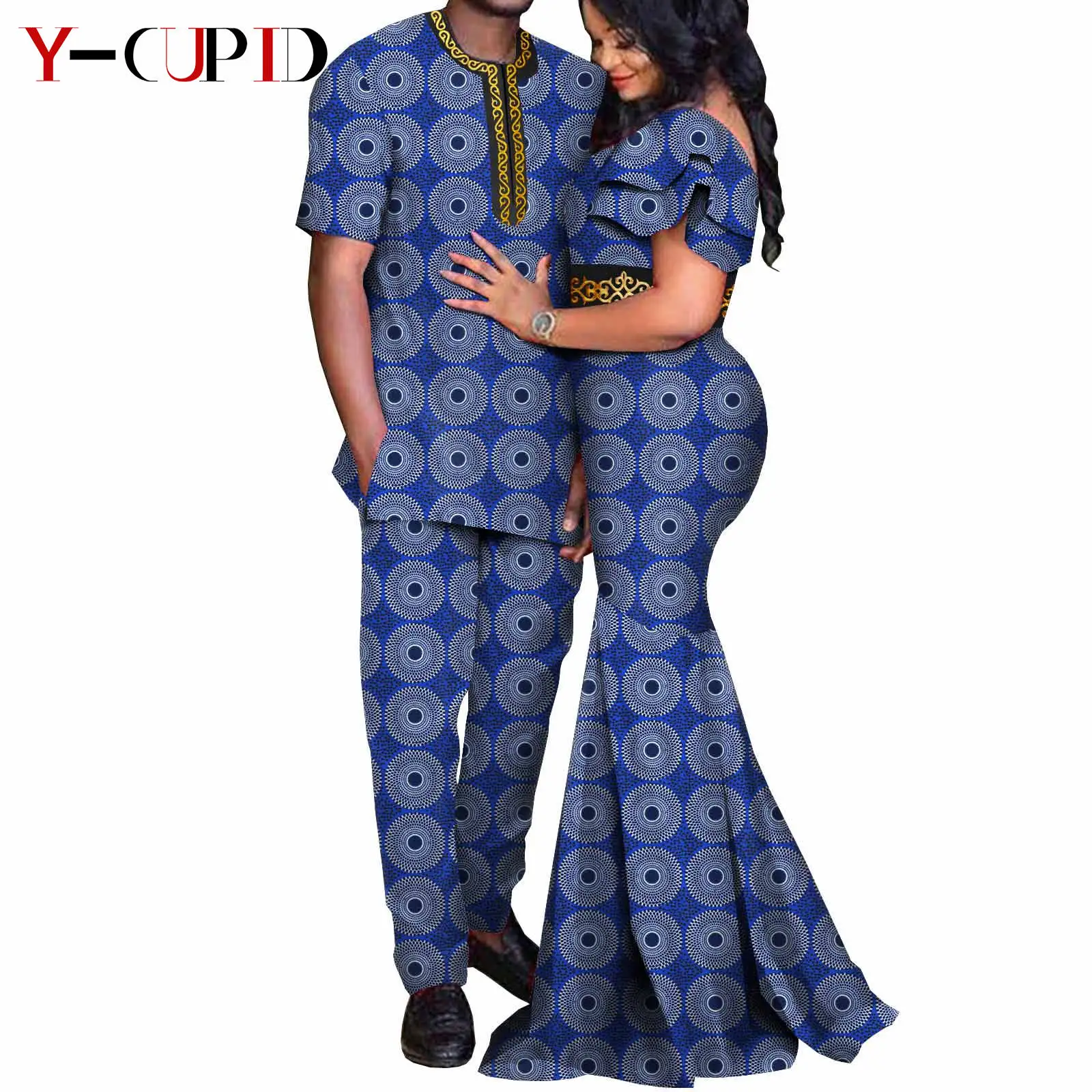 African Couples Clothes Bazin Riche Women Ankara Long Dress Party Matching Men Top and Pants Sets African Print Clothing Y22C002