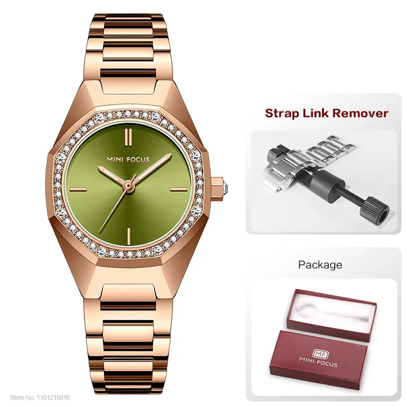 MINI FOCUS semplice orologio analogico al quarzo da donna in oro rosa con cinturino in acciaio inossidabile orologio da polso con custodia ottagonale quadrante verde 0433  1511