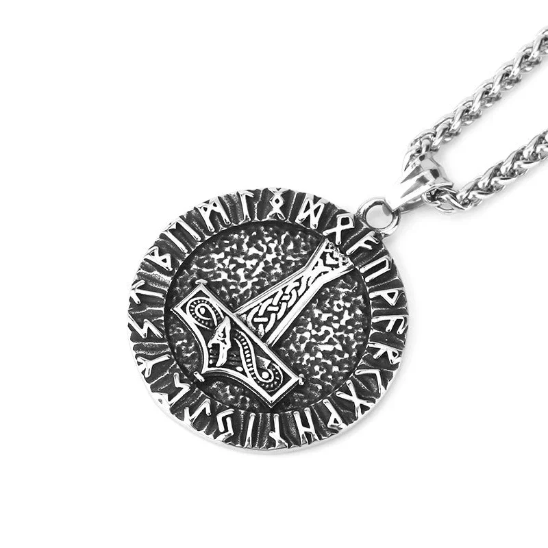 

CHUANGCHENG Vintage Viking Thor Hammer Odin Rune Fashion Hip Hop Punk Men's Stainless Steel Pendant Necklace