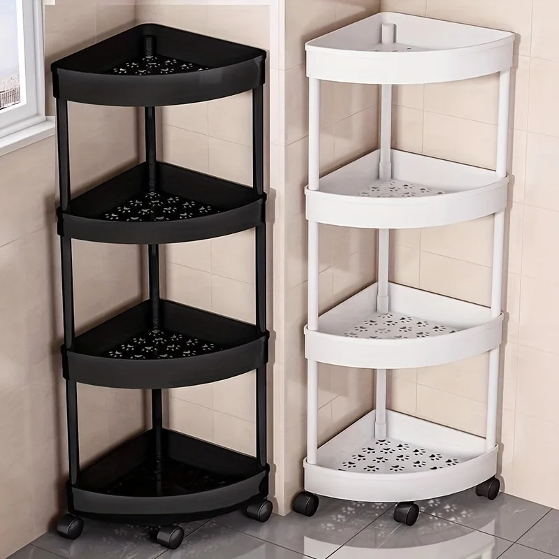 4-storey Bathroom Tripod Rolling Storage Cart Organizer, Space Saving Corner Rack, Durable Plastic with Wheels 2
