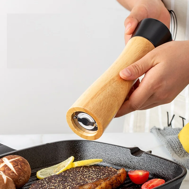 Rubber Wood Top Black White Salt Pepper Grinder Seasoning Spice Mill 8inch