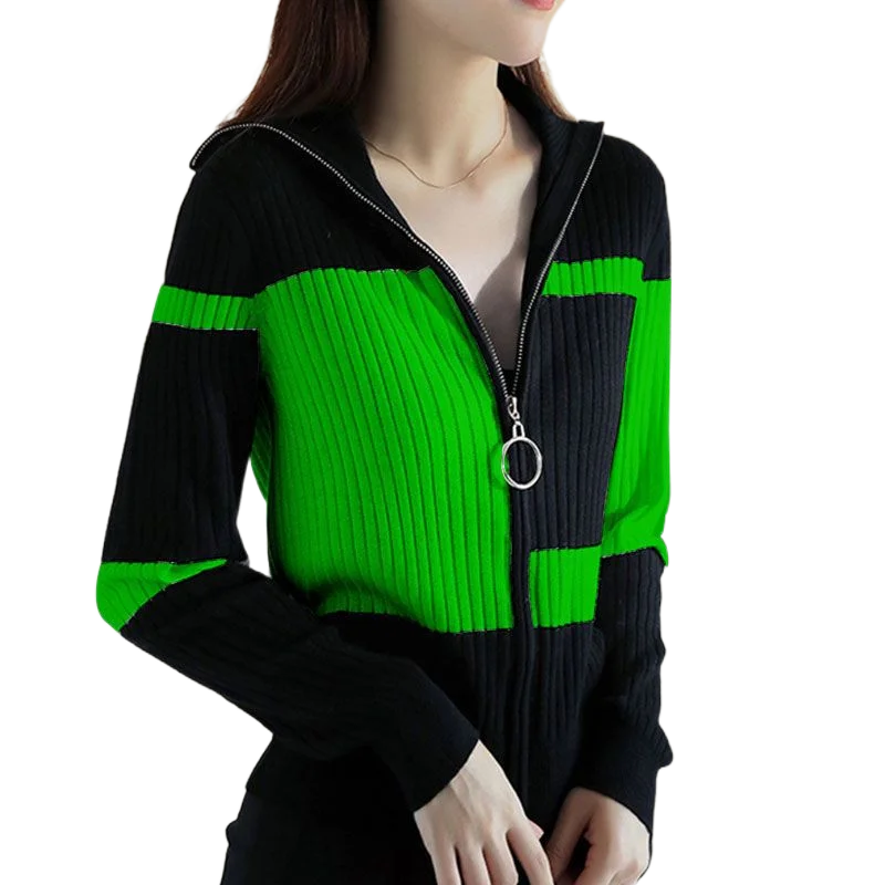 

Women's Clothes Spring and Autumn Knitted Long Sleeve Zipper Cardigan Sweater Jacket Fashion Simple Contrast Color All-match Top
