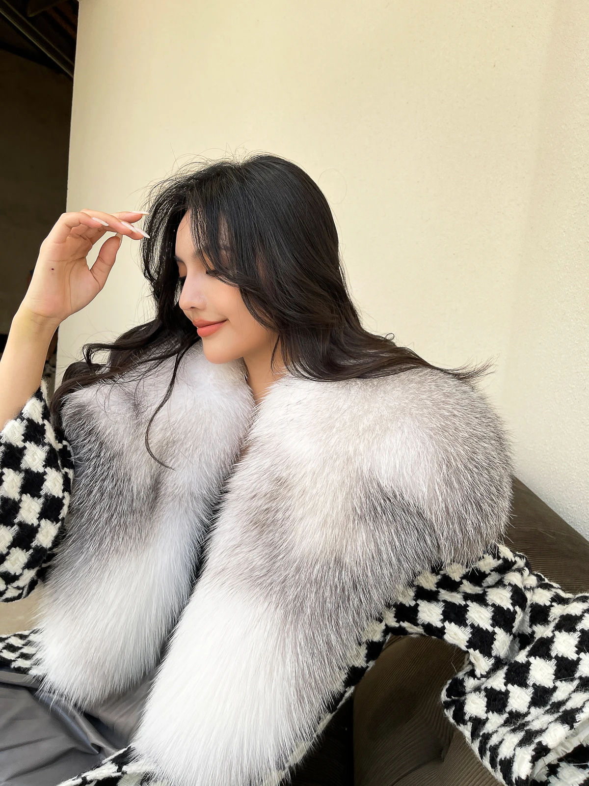 OFTBUY 2022 Wool Blends Real Fur Coat Winter Jacket Women Plaid